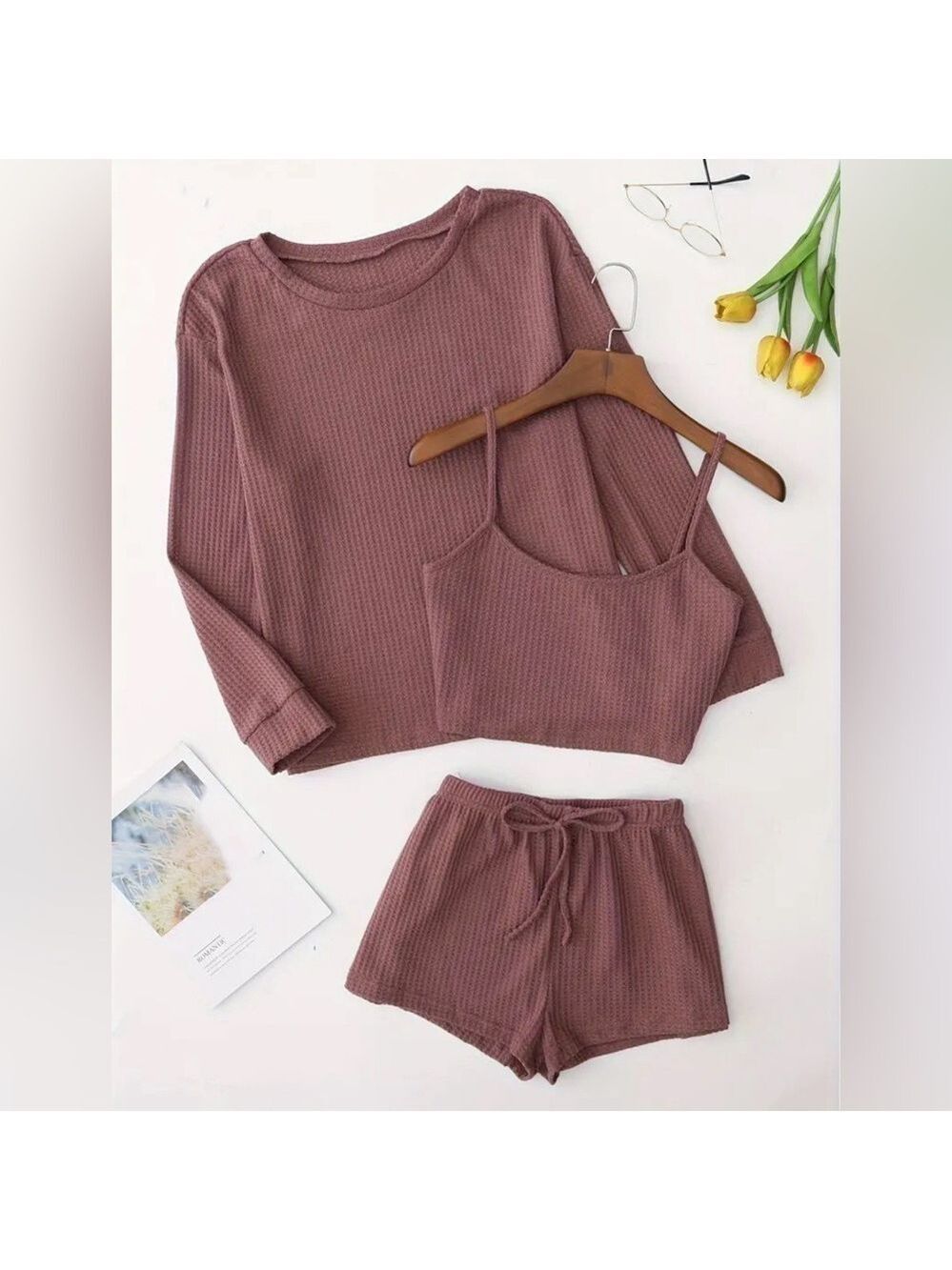 3 Piece Lounge Set, Long Sleeve Top, Cami Top & Elastic Waistband Shorts